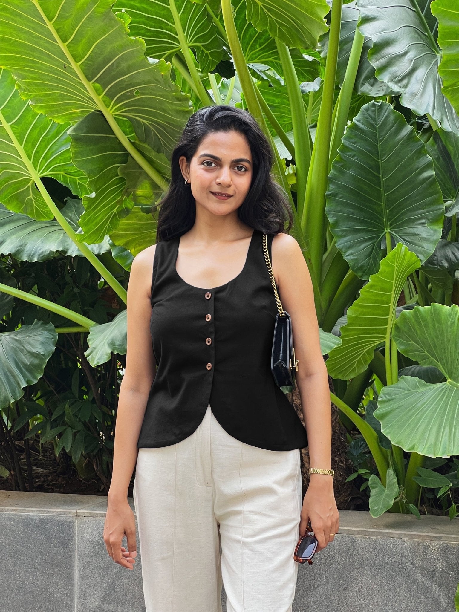 Black Cotton Flax Button-Down Waistcoat