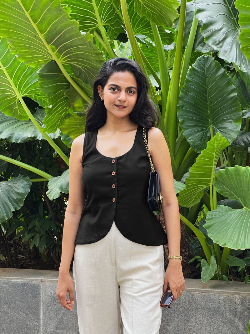 Black Cotton Flax Button-Down Waistcoat