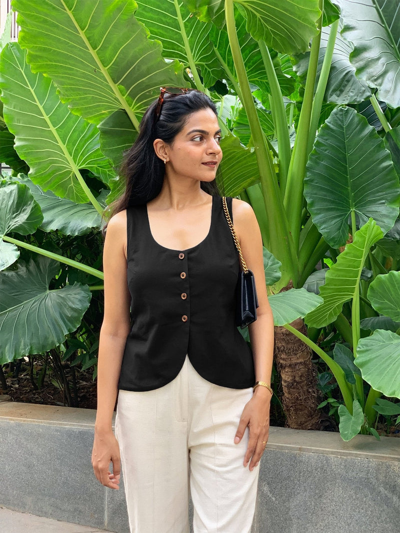 Black Cotton Flax Button-Down Waistcoat