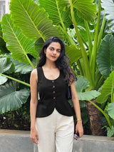 Black Cotton Flax Button-Down Waistcoat