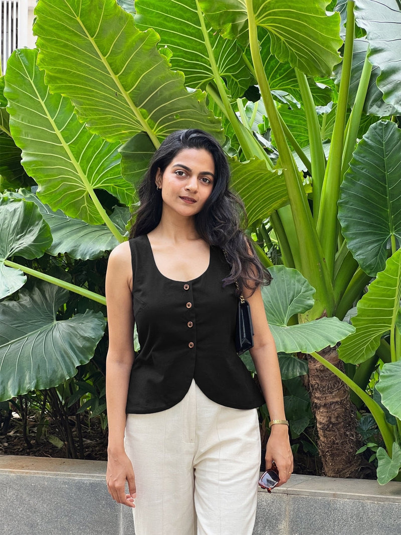 Black Cotton Flax Button-Down Waistcoat
