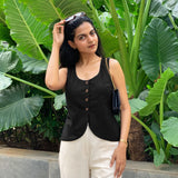 Black Cotton Flax Button-Down Waistcoat