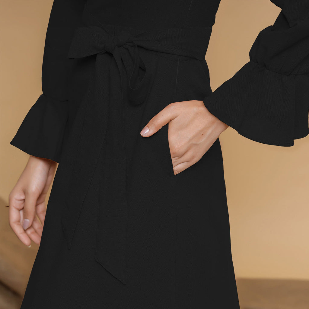 Black Cotton Flax Mandarin Collar Floor Length Tier Dress