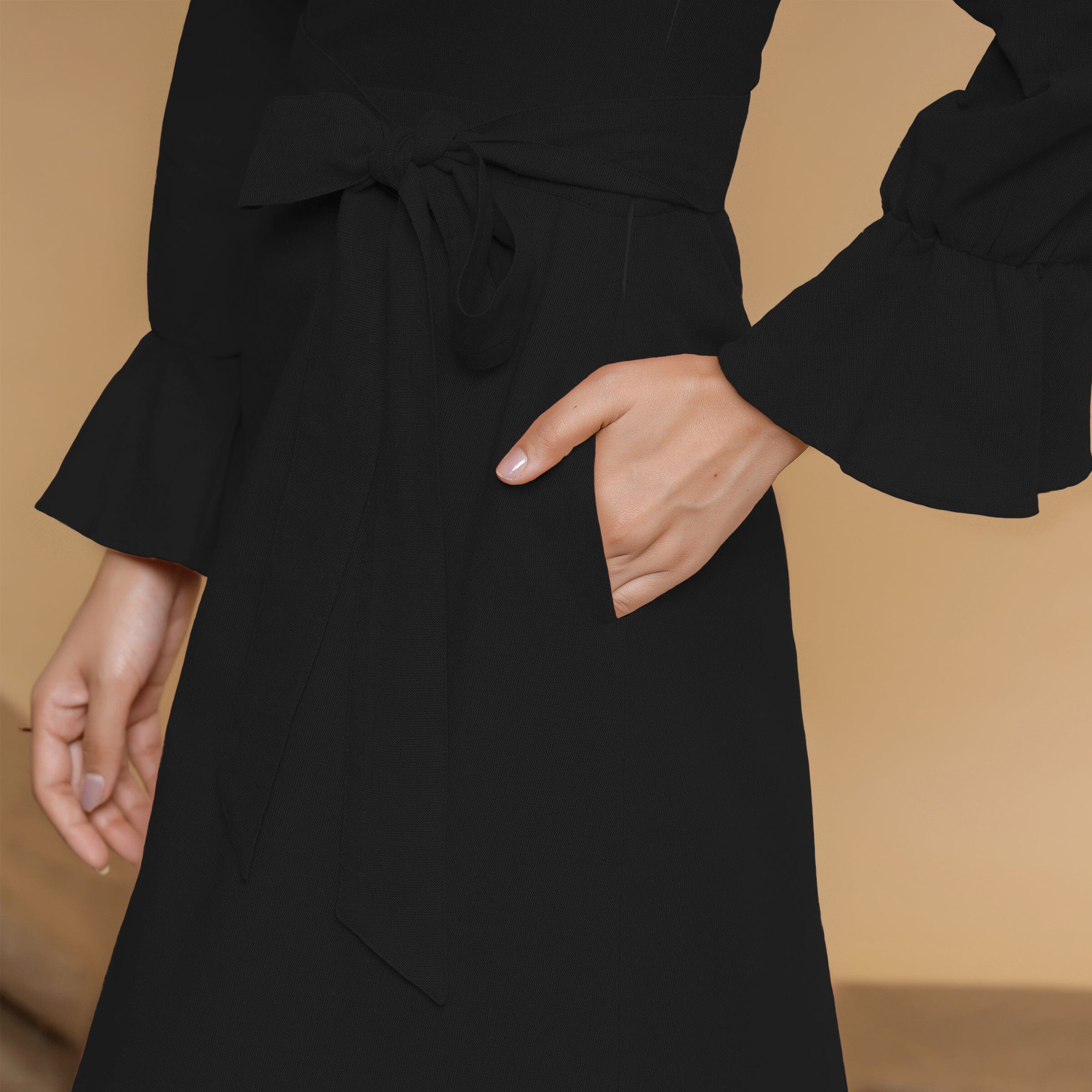 Black Cotton Flax Mandarin Collar Floor Length Tier Dress