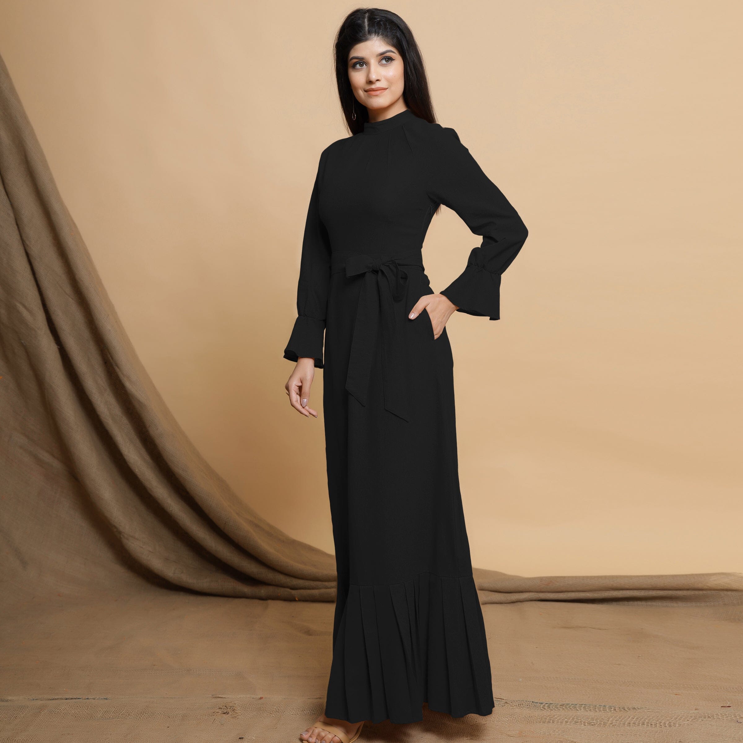 Black Cotton Flax Mandarin Collar Floor Length Tier Dress