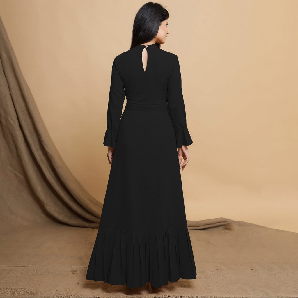 Black Cotton Flax Mandarin Collar Floor Length Tier Dress