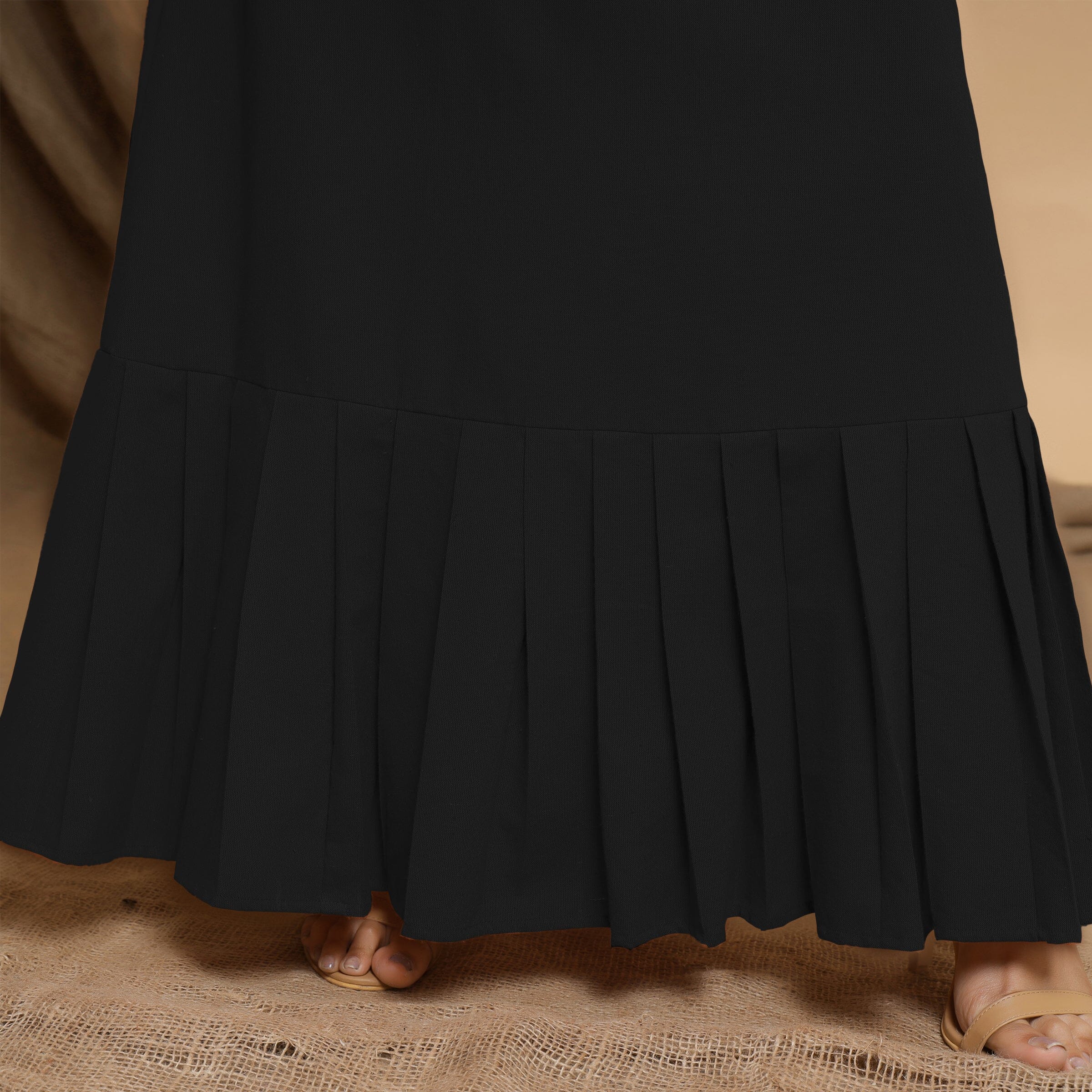 Black Cotton Flax Mandarin Collar Floor Length Tier Dress