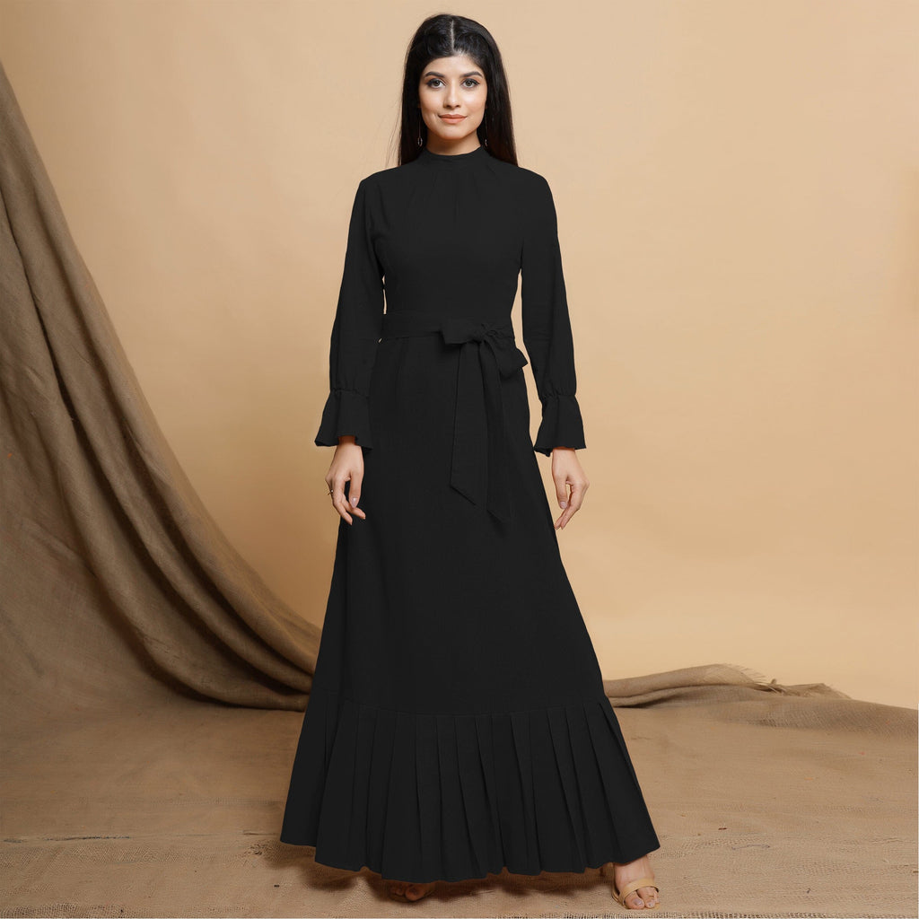 Black Cotton Flax Mandarin Collar Floor Length Tier Dress