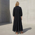 Black Cotton Flax Deep-V Maxi Tier Dress
