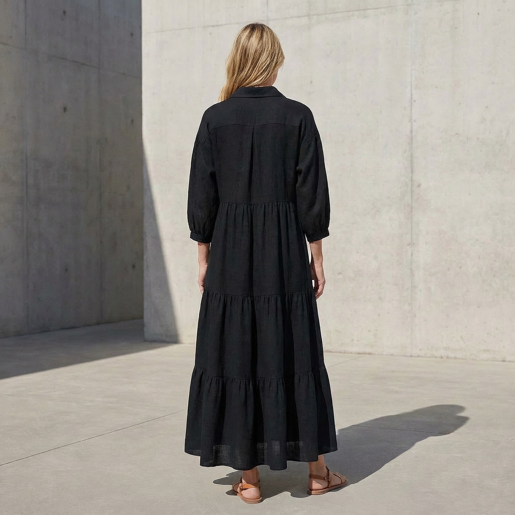 Black Cotton Flax Deep-V Maxi Tier Dress