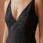 Black Cotton Flax Deep V-Neck Cami Maxi Dress