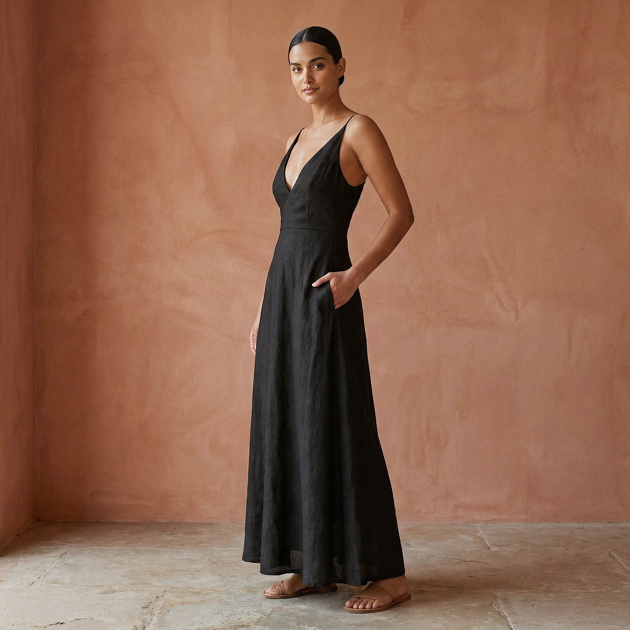 Black Cotton Flax Deep V-Neck Cami Maxi Dress