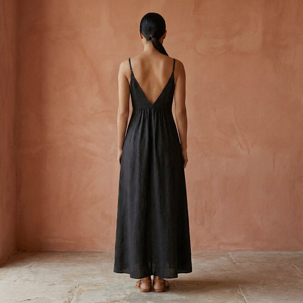 Black Cotton Flax Deep V-Neck Cami Maxi Dress