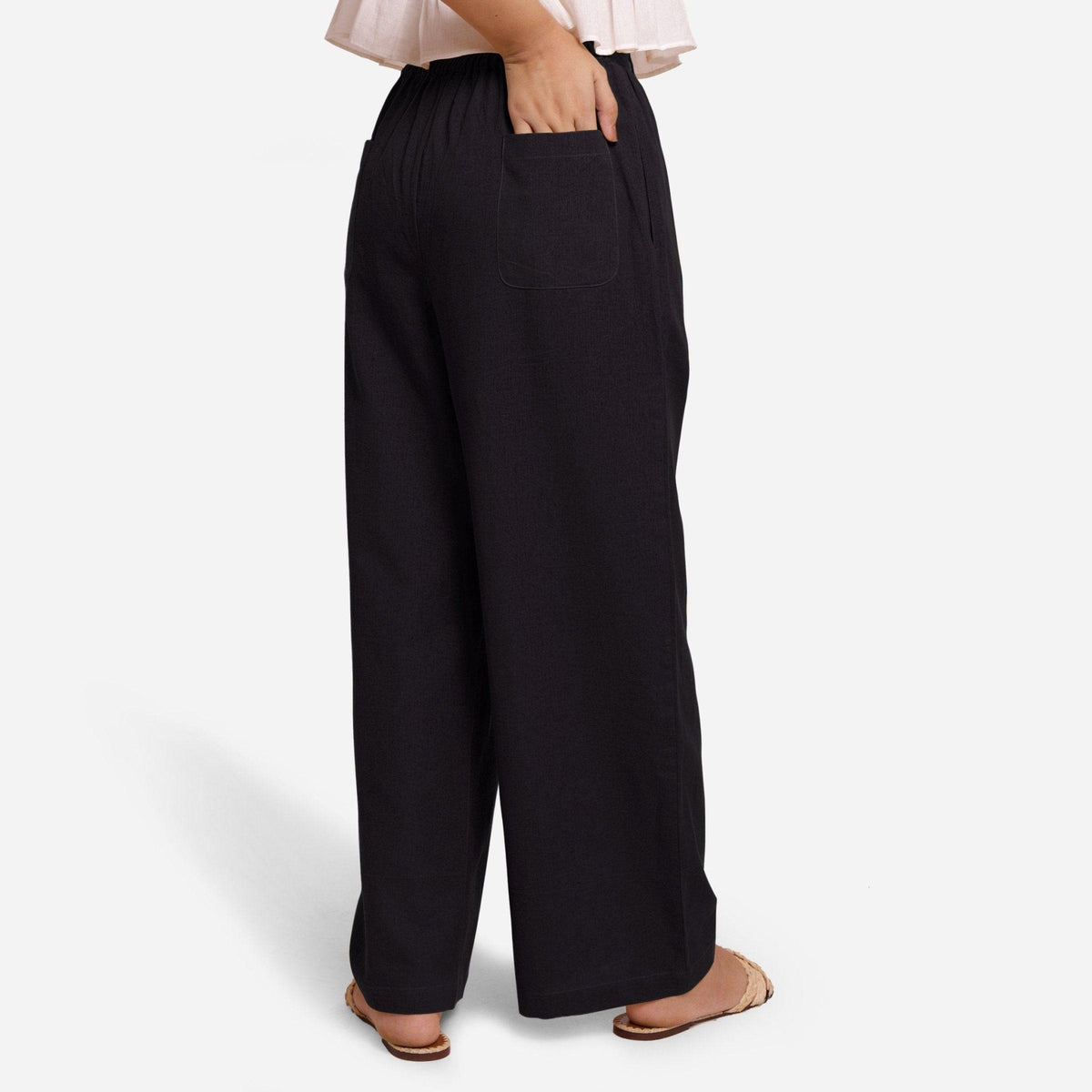 Black Cotton Flax Elasticated Wide Legged Pant
