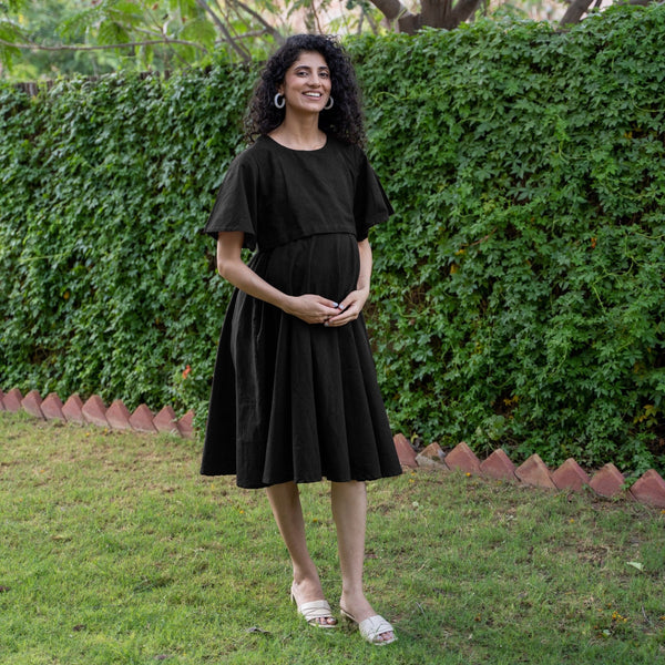 Black Cotton Flax Fit and Flare Knee Length Pre and Post Maternity Dress