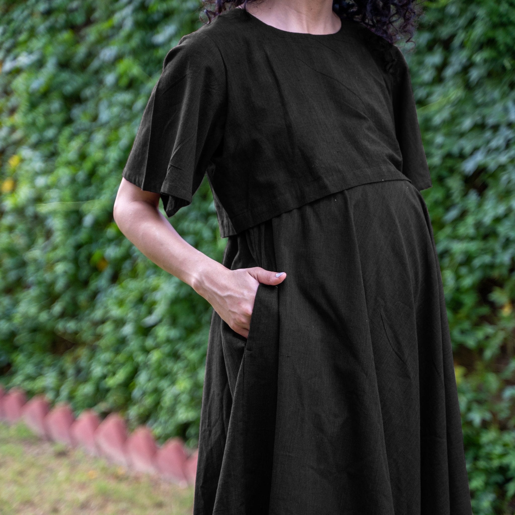 Black Cotton Flax Fit and Flare Knee Length Pre and Post Maternity Dress