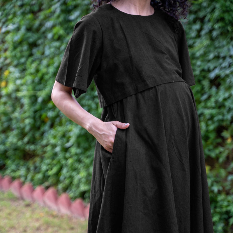 Black Cotton Flax Fit and Flare Knee Length Pre and Post Maternity Dress