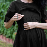 Black Cotton Flax Fit and Flare Knee Length Pre and Post Maternity Dress
