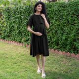 Black Cotton Flax Fit and Flare Knee Length Pre and Post Maternity Dress