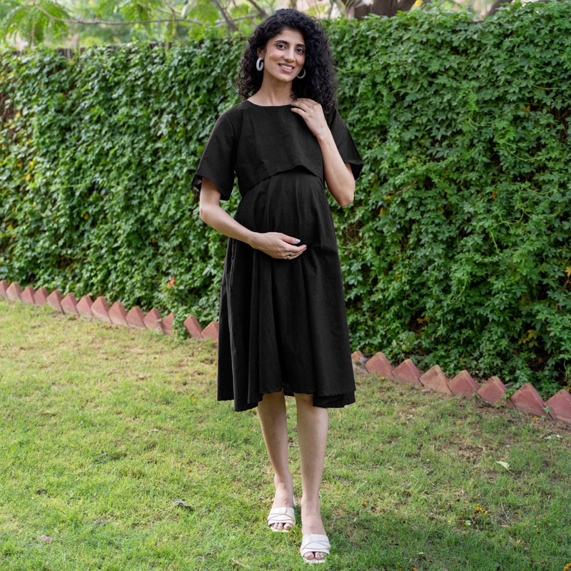 Black Cotton Flax Fit and Flare Knee Length Pre and Post Maternity Dress