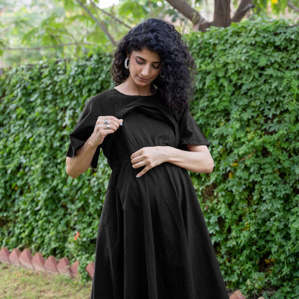 Black Cotton Flax Fit and Flare Knee Length Pre and Post Maternity Dress