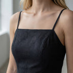 Black Cotton Flax Fit and Flare Short Dress