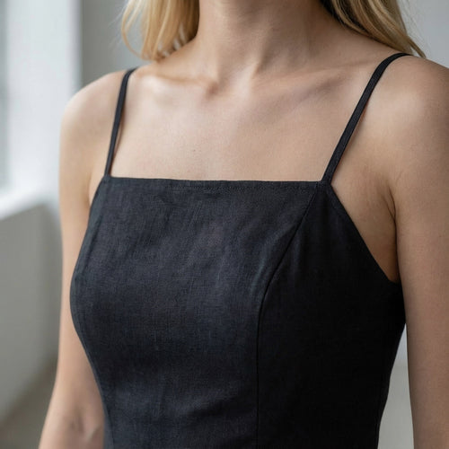 Black Cotton Flax Fit and Flare Short Dress