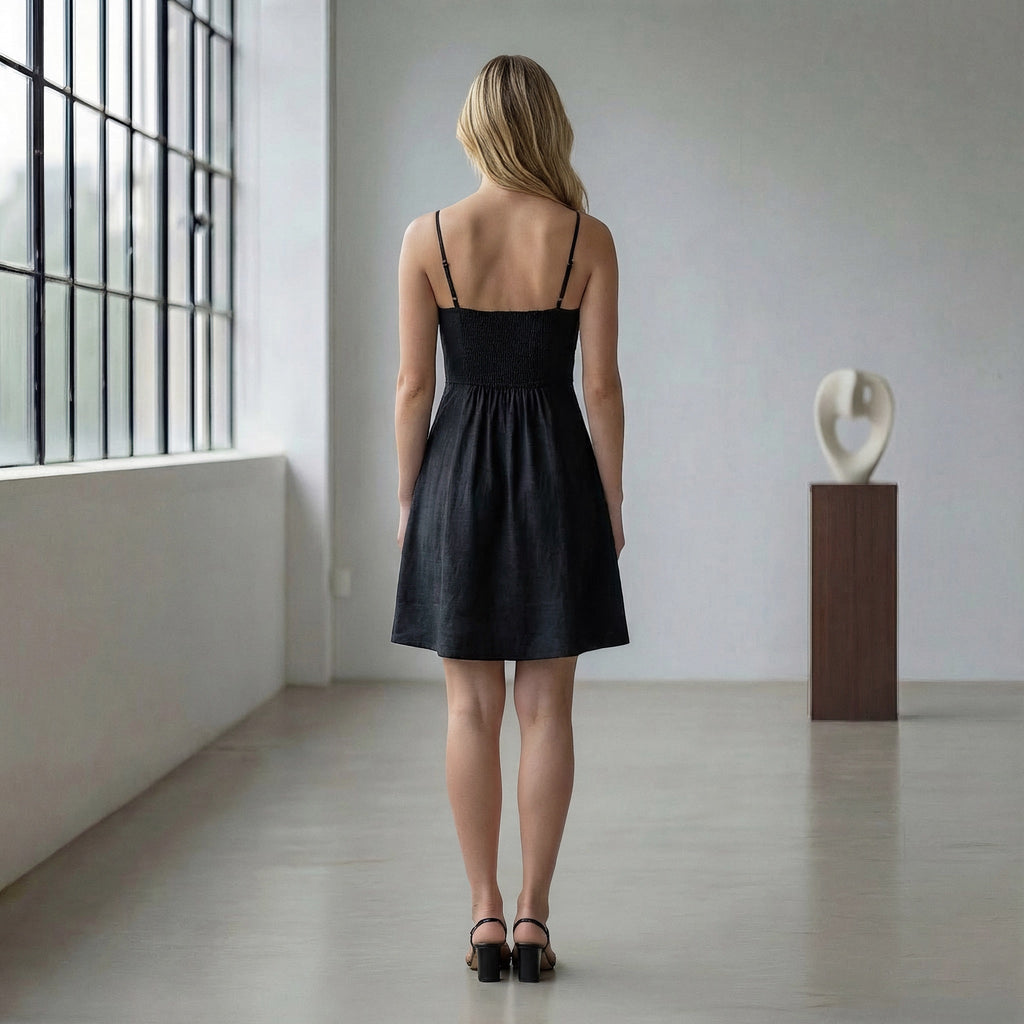 Black Cotton Flax Fit and Flare Short Dress