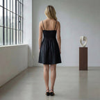 Black Cotton Flax Fit and Flare Short Dress