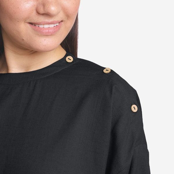 Front Detail of a Model wearing Black Cotton Flax Flared A-Line Top