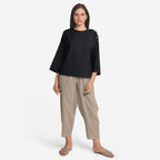 Front View of a Model wearing Black Cotton Flax Flared A-Line Top