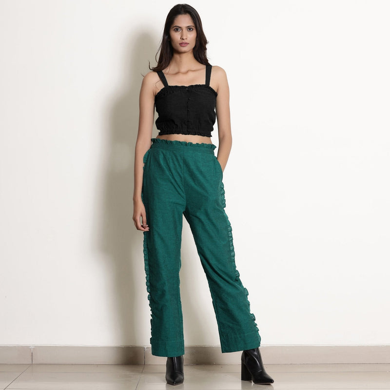 Black Cotton Flax Frilled Bustier Crop Top