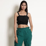 Black Cotton Flax Frilled Bustier Crop Top