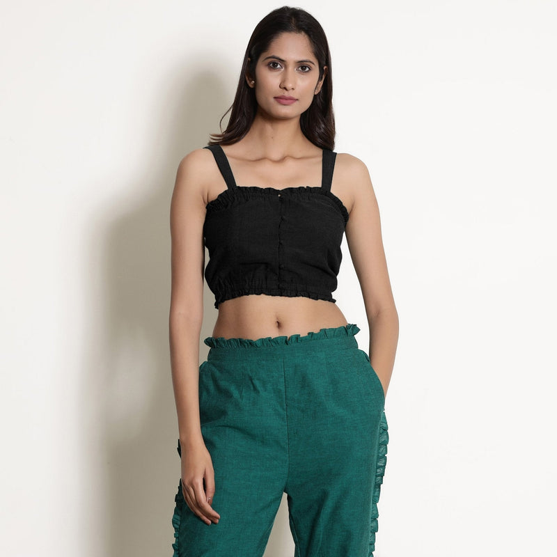 Black Cotton Flax Frilled Bustier Crop Top