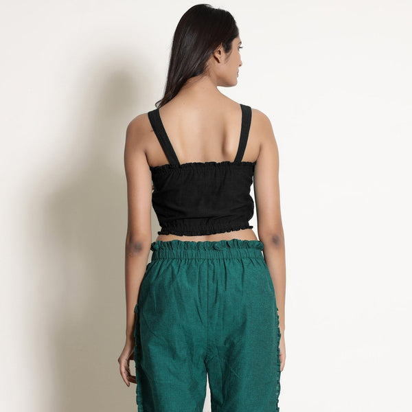 Black Cotton Flax Frilled Bustier Crop Top
