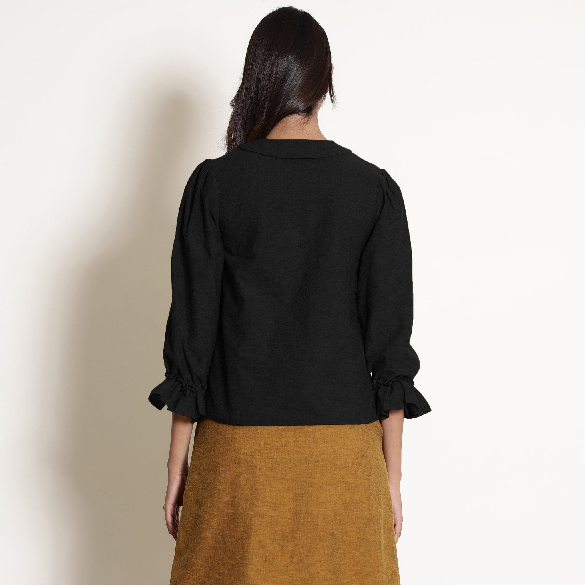 Black Cotton Flax Frilled Button Down Top