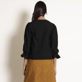 Black Cotton Flax Frilled Button Down Top
