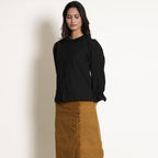 Black Cotton Flax Frilled Button Down Top