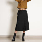 Black Cotton Flax Frilled Mid-Rise Midi Skirt