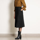 Black Cotton Flax Frilled Mid-Rise Midi Skirt