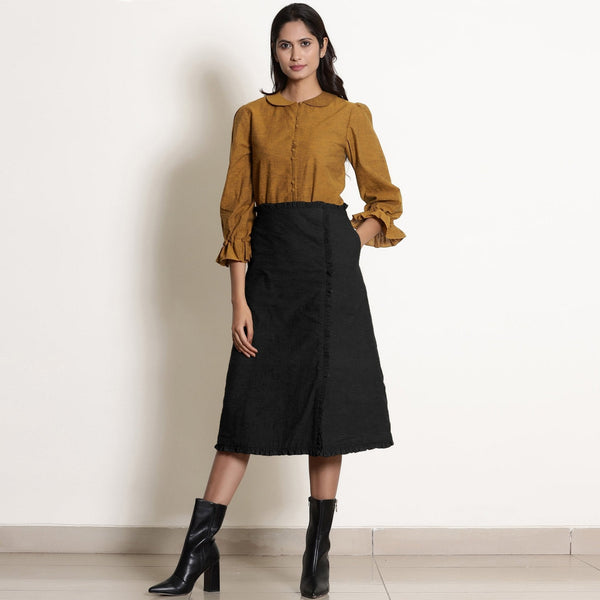 Black Cotton Flax Frilled Mid-Rise Midi Skirt