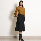 Black Cotton Flax Frilled Mid-Rise Midi Skirt