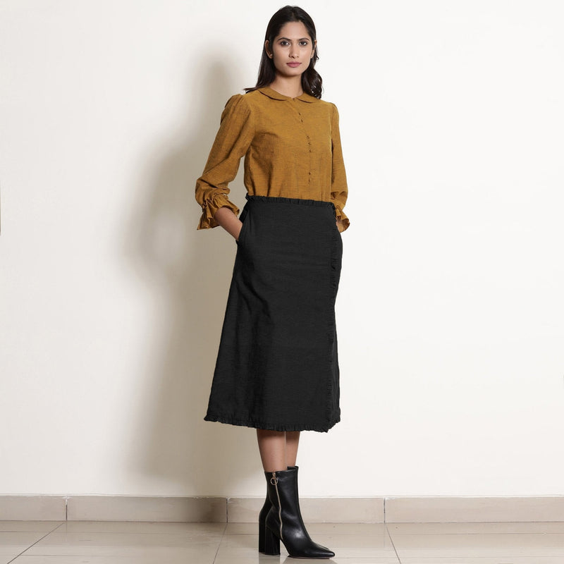 Black Cotton Flax Frilled Mid-Rise Midi Skirt