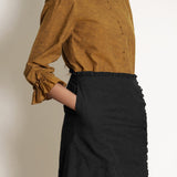 Black Cotton Flax Frilled Mid-Rise Midi Skirt