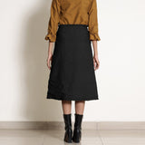 Black Cotton Flax Frilled Mid-Rise Midi Skirt