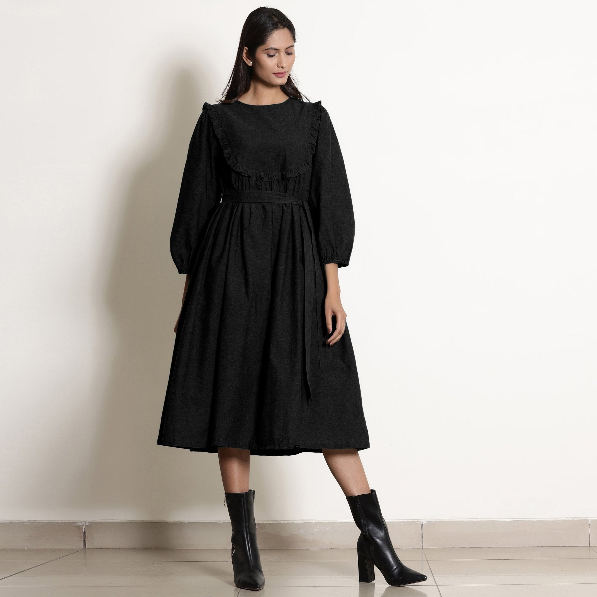 Black Cotton Flax Frilled Midi Yoke Dress