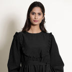 Black Cotton Flax Frilled Midi Yoke Dress