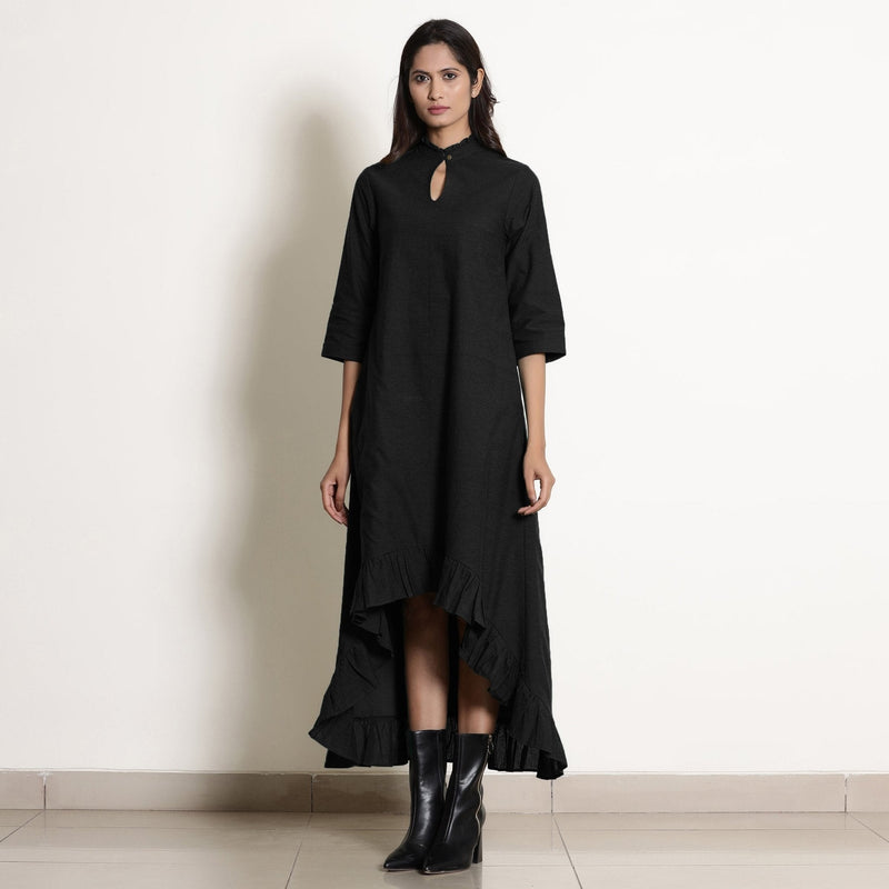 Black Cotton Flax Frilled Neck Ankle Length Dress