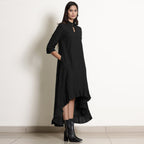 Black Cotton Flax Frilled Neck Ankle Length Dress