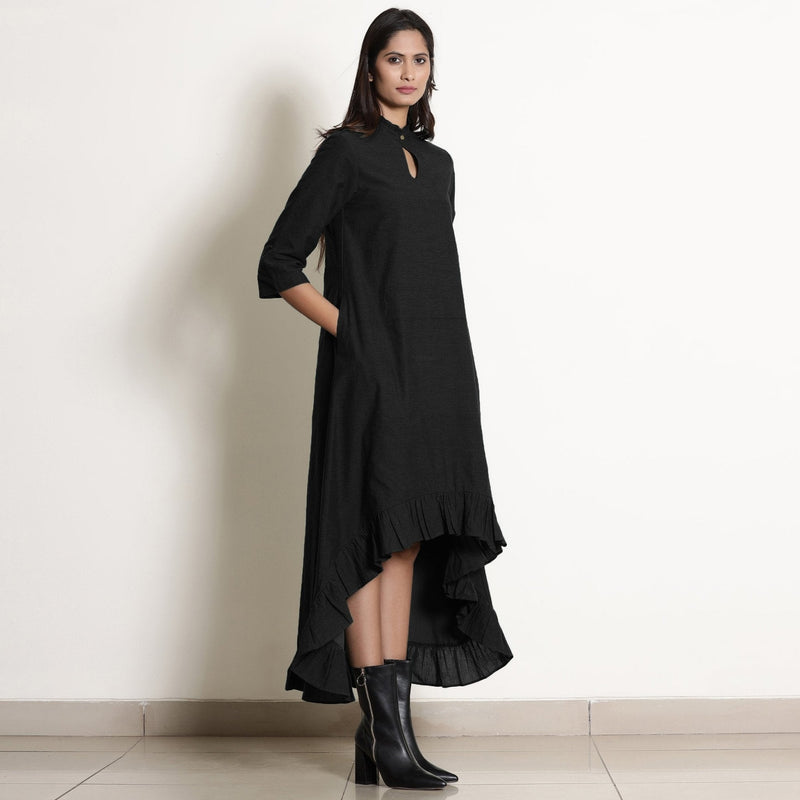 Black Cotton Flax Frilled Neck Ankle Length Dress